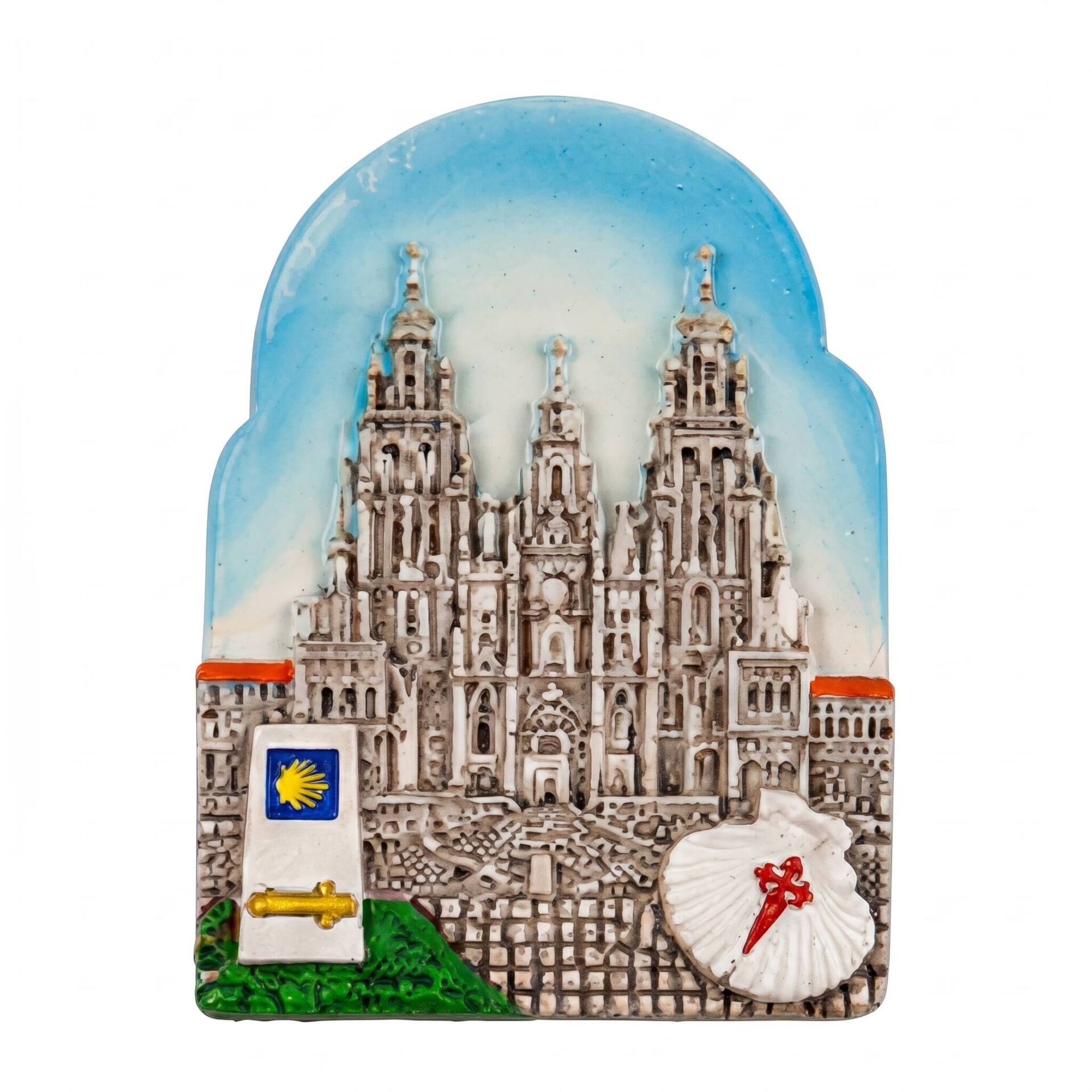 Imán de resina - Catedral de Santiago de Compostela, Vieira con Cruz roja y señal del Camino
