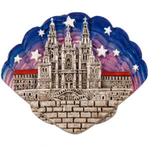 Imán de resina - Vieira con cielo multicolor y Catedral de Santiago de Compostela