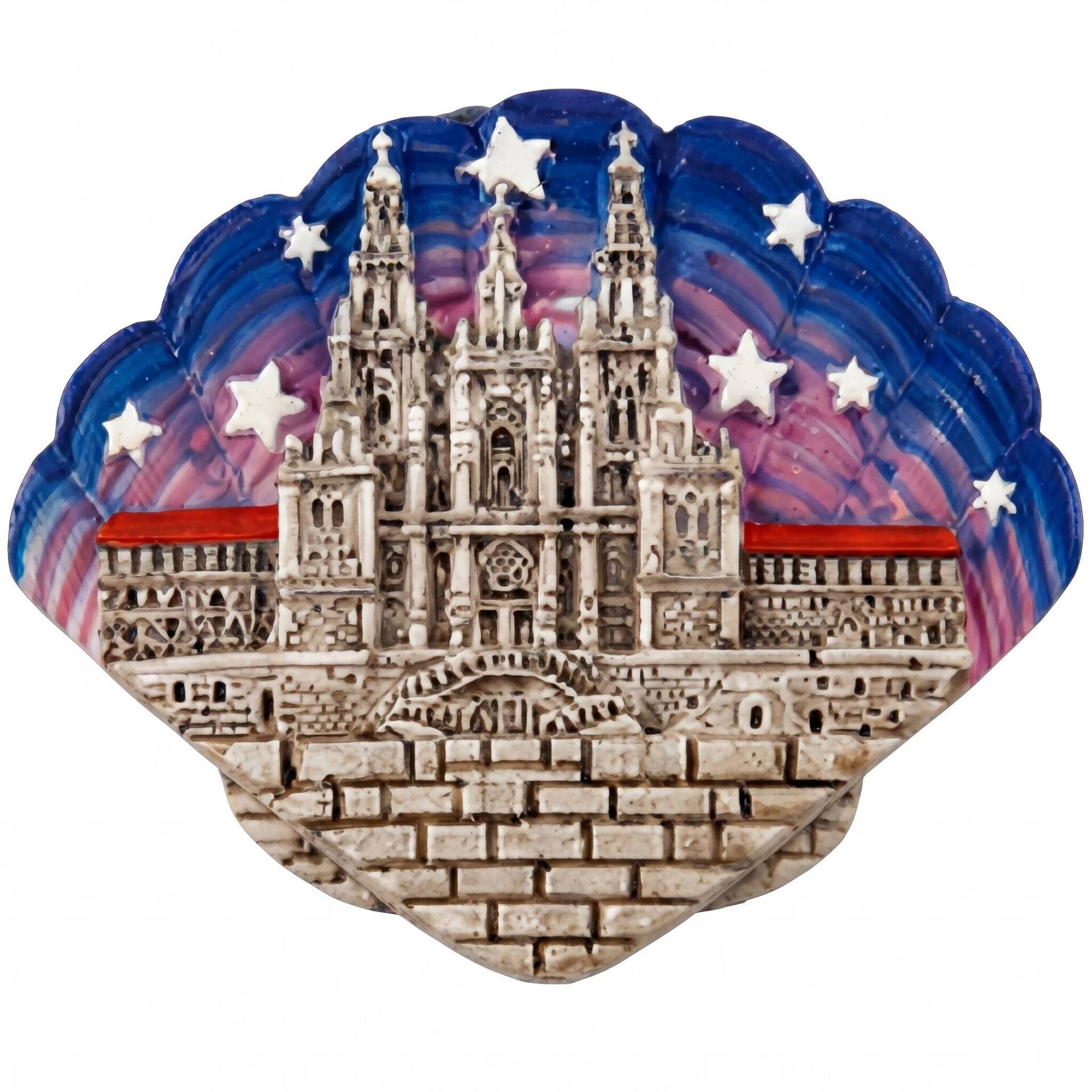 Imán de resina - Vieira con cielo multicolor y Catedral de Santiago de Compostela